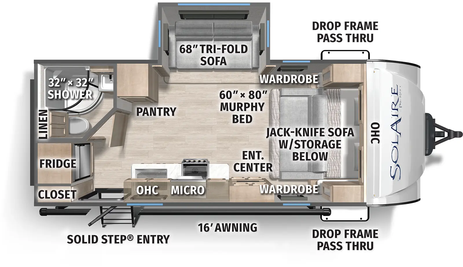 The SolAire Ultra Lite 2080RBS floorplan has one entry and one slide out. Exterior features include: fiberglass exterior and 16' awning. Interiors features include: front living.